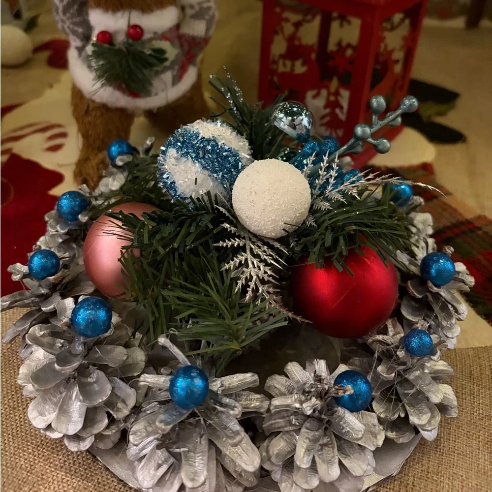 Silver Pinecone Christmas Centerpiece Blue & White Ornament Holiday Table Decor